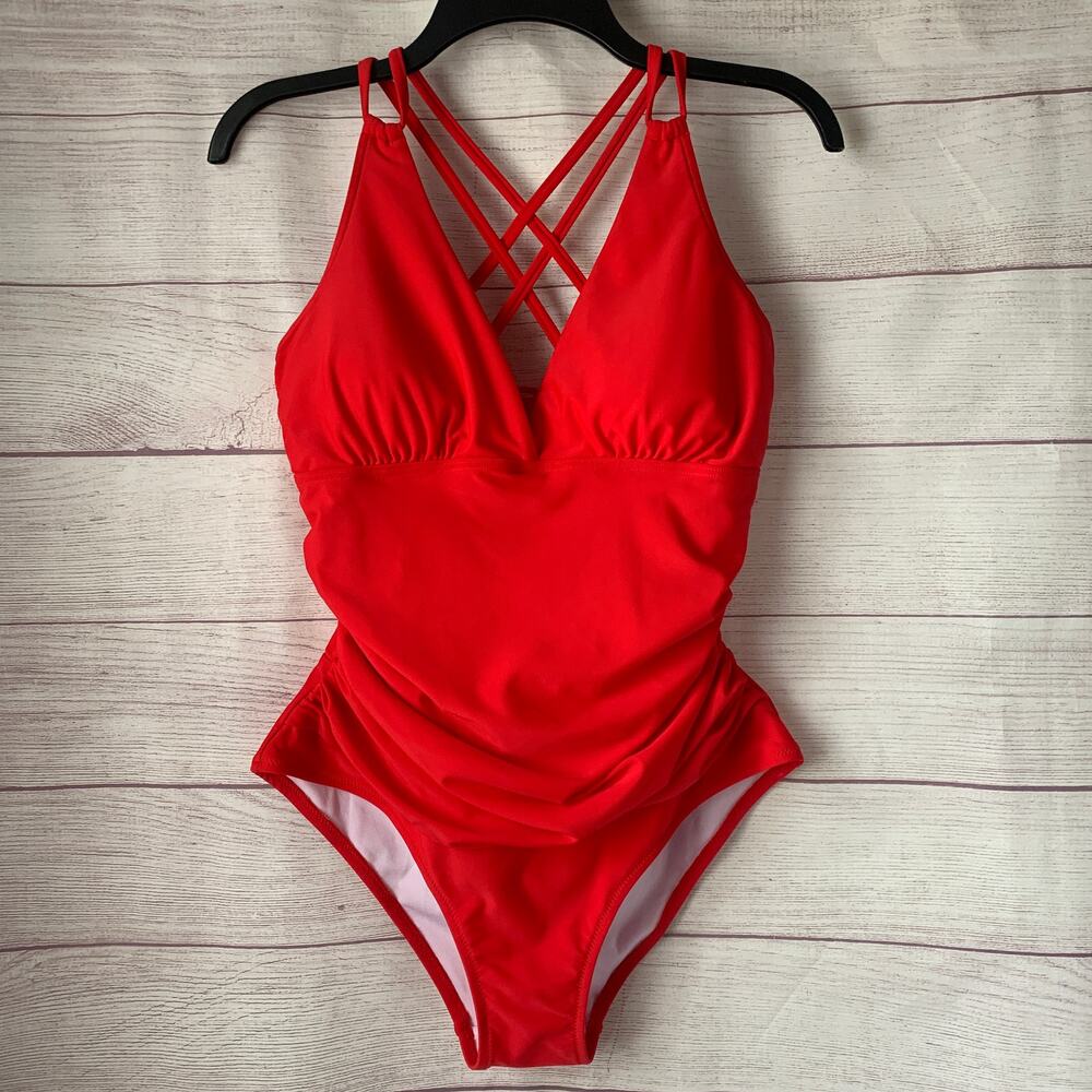 Red One Piece Swimsuit Lace Up Multi-Strap Cross Back Cutout Size L